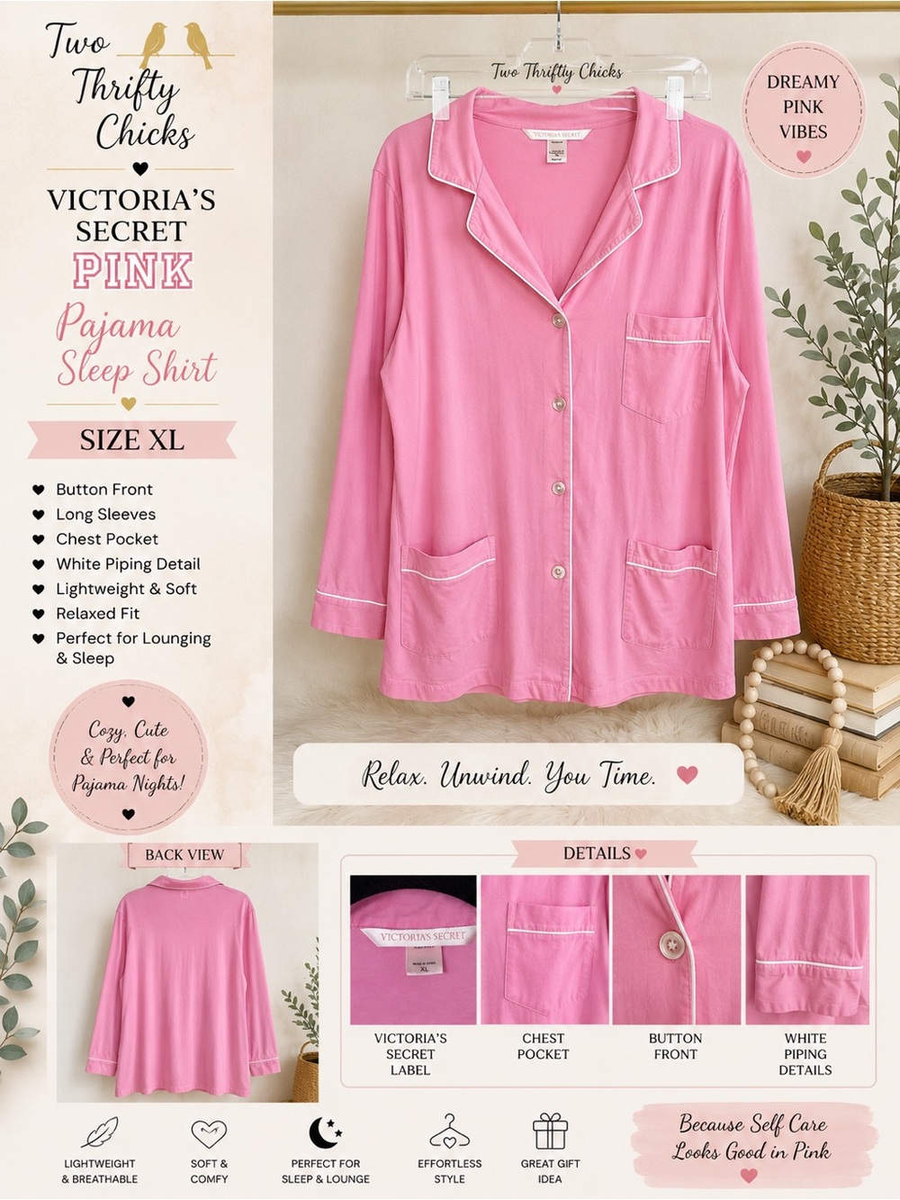 Victoria's Secret Pink Button-Front Pajama Sleep Shirt | Size XL | GUC